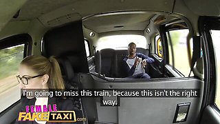 Glasses on, Scottish blonde with big natural tits sucks him between the seats