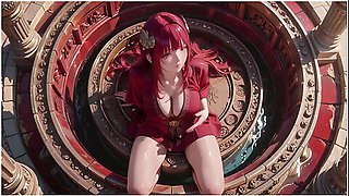 Red-haired Priestesss Forbidden Bath Ancient Stone Corridors Dappled With Light She Lounges In A Circular Pool Overflowing With Liquid