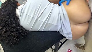 Checking out the depths of the cougar's vagina, the doctor uses his dick