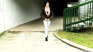 Brunette Flashing Her Titties And Pussy Outdoors In Public