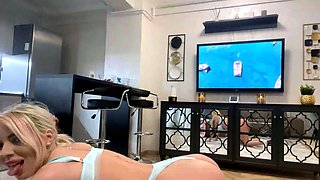Blonde Housewife with big boobs masturbates with huge dildo