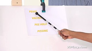 Porno ed teacher Jasmine Webb livens up class with lesbian urinating sesh with dark haired teenie