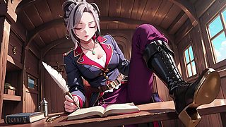 Silver-Haired Pirate Queen! Sun-drenched ship cabin, navy uniform slightly damp, kneeling with a teasing gaze.