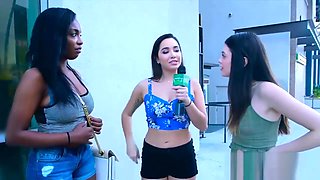 Two ladies get payed for flashing their boobs outdoors