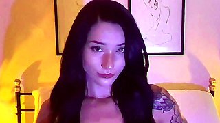 Cute babe in sexy lingerie masturbates with her pink dildo