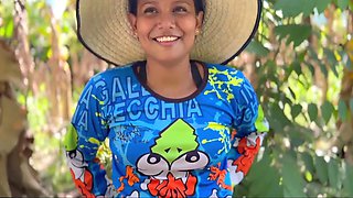 Cute peasant Latina chick is getting facialized in the jungle