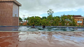 Sperm Floating in the Pool, Hard Sex in the Water, Double Orgasm