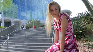 Provocative blonde amateur Staci lifts her summer dress to tease