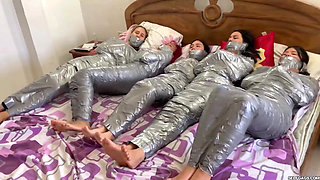 5 Mummified Girls Struggle All Wrapped up and Gagged!