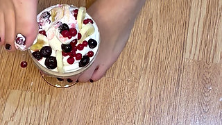 Playing with whipped cream and fruit with my naked feet