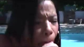 Sexy Ebony Woman Sucks White Cock  at the Pool Interracial