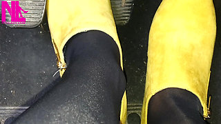 Soft Revving in Yellow Boots and Black Pantyhose