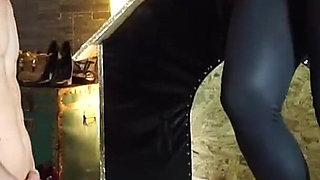 Femdom Leather Queens Dominate Naked Slave in Heels