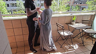 Busty Girl Sucks Her Friend's Cock on a Hotel Balcony!! Risky Sex!