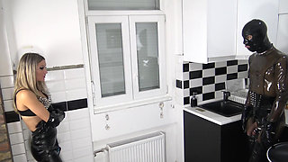 Hot MILF Tatjana Pegging Her Slave in the Kitchen