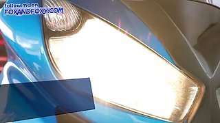 Hot shorthair biker girl gets doggystyle creampie in parking lot - Lisa Fox swallows cum
