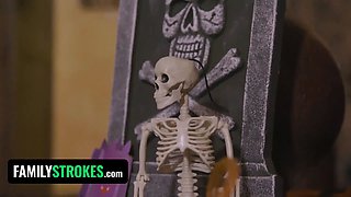 Stepfather & daughter-in-law are massive bad wolf & little red riding spandex hood for halloween & stepmom is envious