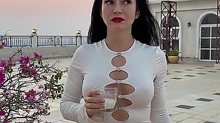 Outdoor Pussy Flashing, Pee in the Glass, Spit, Ahegao, Fake Cum on My Tits & Body