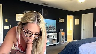 Blonde cumshot amateur MILF POV jerking in the kitchen