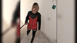 Walk in Parking House, Blonde in Overknee Boots, Red Pvc Dress and Long Leather Coat