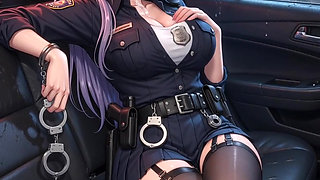 Exhausted hentai policewoman with big tits, masturbates in the back seat