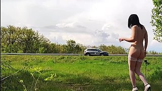 Za Za the MILF Slave Walks Naked on Highway in Stockings & Heels