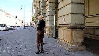 Cute blonde milf flash pussy in public bathro