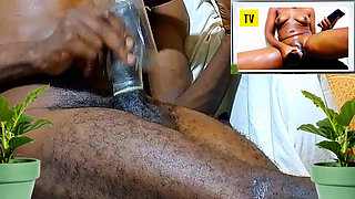 Solo masturbation with eggplant and bottle while watching hot porn video till I got CUM. Fucking as if it was real Pussy!