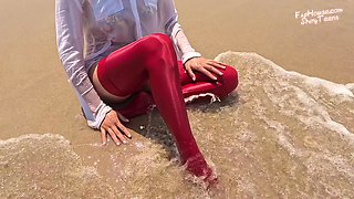859 Shiny Red Spandex Stockings on the Beach 2