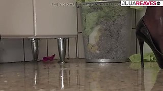 MILF pissing in bathroom while rubbing clit and fingering her pussy