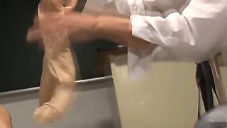 Asian girl giving blowjob and handjob tasting cum on the bed