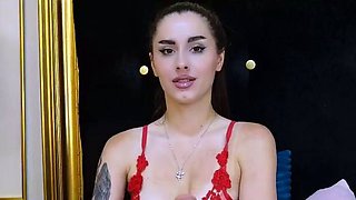 Small titted brunette Sharron with glasses masturbates