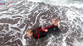 Hogtied in a Wetsuit - Rope Bondage Escape Challenge on the Beach