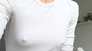 Cute Asian in Morning Outfit Braless White Shirt Leggings Strip