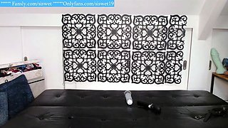 Masturbating blonde teen on couch with big toys