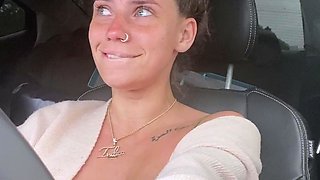 Busty curly brunette with big boobs fucks on couch