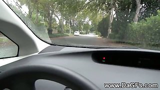 Black babe gets naughty in the car