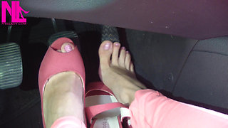 Barefoot Driving and Revving in Vivid Pink High Heeled Sandals