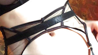 A daring bdsm brunette plays with her tits hotly and shows her pussy up close