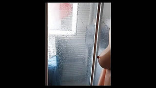 Cute german student showers alone at home.