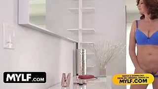 Bustylicious cougar Andi James entices her sonny and got fucked in the bathroom.she gets wild as she got fucked hard while her Huge Tits.