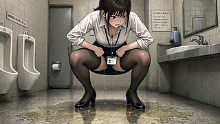Office lady pees inside the men's restroom