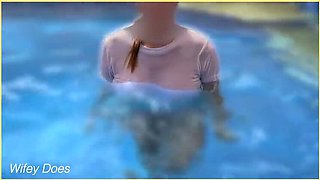 Hot Milf Wifey Flashes Her Big Braless Tits in Pool - Outdoor Public Nudity