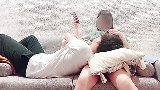 Couldn't stop sucking my cute, fair-skinned girlfriend's beautiful boobs in the living room. Japanese amateur hentai