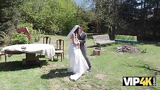 The bride gives outdoor oral in pearl beads