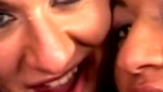 Brunette Babes Deepthroat and Fuck on Velvet Sofa