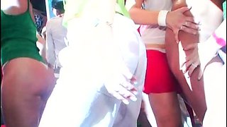 Two dirty babes enjoy in group sex in public