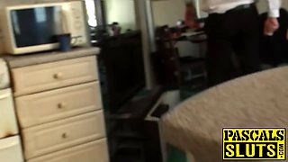 Pig tails slag Liz Rainbow earns facial cumshot after power bang