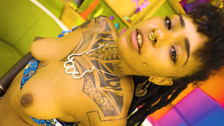 Inked Ebony Goddess Destroys Her Pussy with Huge Dildo