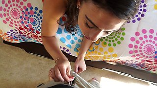 Brunette vixen in lacy bras and skimpy undies gets up close & personal with your POV dick